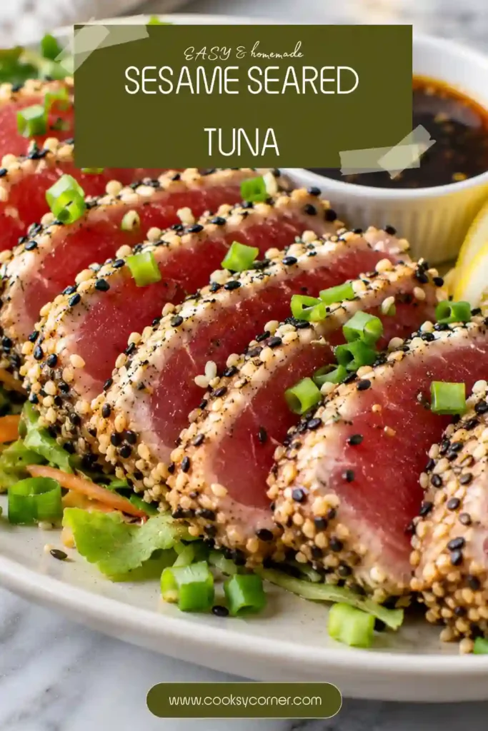 Pan seared tuna coated with white and black sesame seeds and sliced for serving. The sesame tuna steak has a crisp exterior and tender center