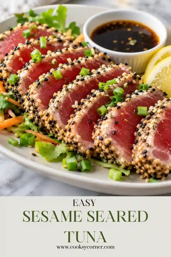Sesame crusted tuna steak sliced into thick pieces with toasted sesame seeds covering the outside. A soy sesame dipping sauce and wasabi are served alongside the tuna.