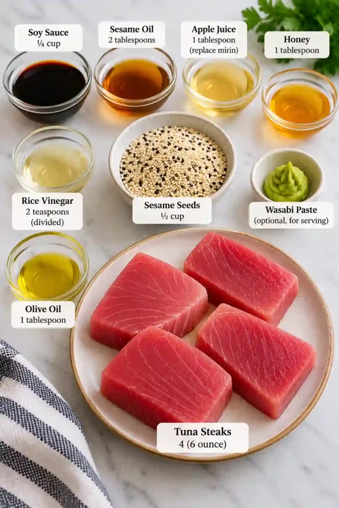 Easy Sesame Seared Tuna served in slices with soy dipping sauce, wasabi, and fresh vegetables. The sesame crust creates a golden, nutty exterior around the tender tuna.