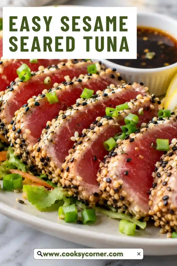 Sesame Seared Tuna sliced to reveal a tender center beneath a toasted sesame crust. The tuna is served with a savory soy dipping sauce for an easy seafood dinner.