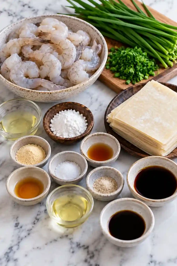 Crispy shrimp wontons filled with juicy shrimp and bright green chives. The golden dumplings are arranged on a serving plate beside a savory soy vinegar dipping sauce.