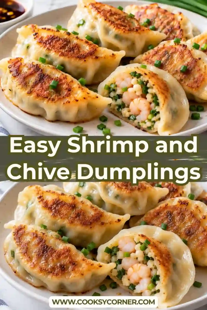 Shrimp and Chive Dumplings pan-fried until crisp and golden with juicy shrimp and fresh chive filling. The dumplings are served warm with a small bowl of soy vinegar dipping sauce.