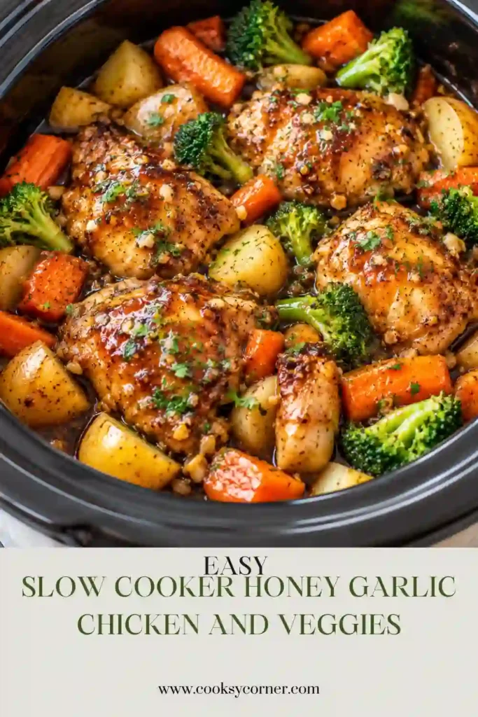 Honey garlic chicken thighs with tender potatoes, baby carrots, and fresh green beans arranged on a serving platter. The chicken has caramelized golden skin and a sticky honey soy glaze.