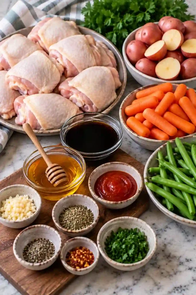 Slow cooker chicken and vegetables featuring juicy honey garlic chicken thighs, baby potatoes, carrots, and crisp green beans. The chicken is finished under the broiler for golden caramelized skin.