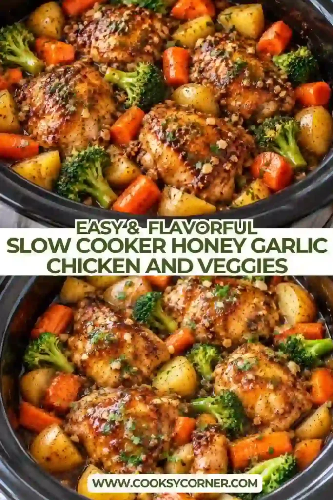 Crockpot honey garlic chicken with roasted-looking chicken thighs, red potatoes, carrots, and green beans. Fresh parsley adds color to the glossy sweet and savory dish.