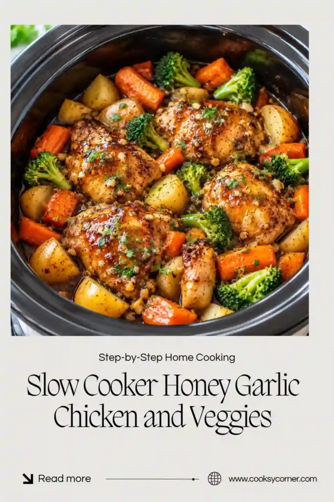 1. Slow Cooker Honey Garlic Chicken and Veggies served with golden chicken thighs, baby red potatoes, carrots, and green beans. A glossy honey garlic sauce coats the chicken and vegetables.